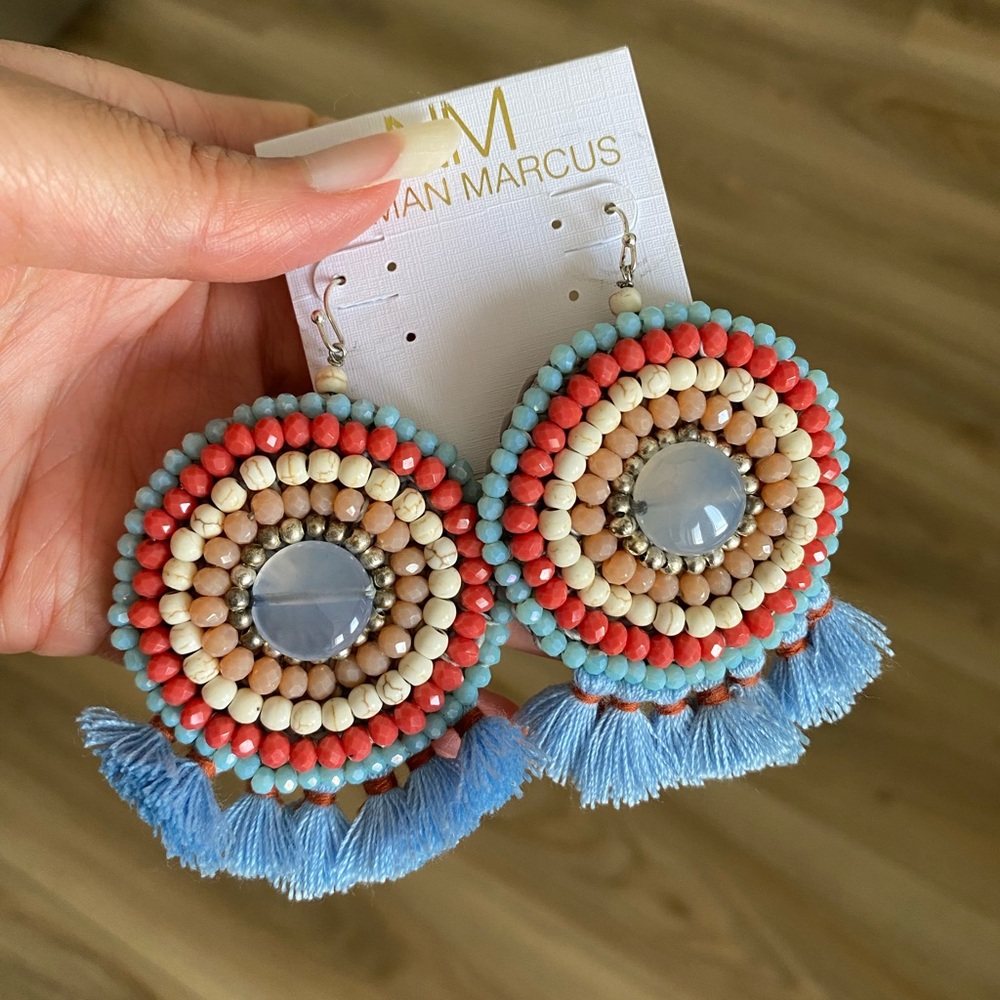 Neiman Marcus Statement Fran Drop Fringe Round Stone Bead Blue Red Cream NWT box